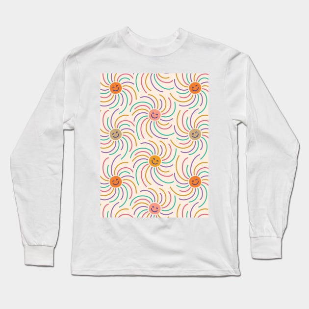 Cute boho illustration of happy suns with smiling faces dancing around. Long Sleeve T-Shirt by EliveraDesigns